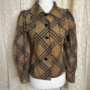 Vintage 70’s Handmade Plaid Print Polyester Pointed Collar Button-Up Blouse